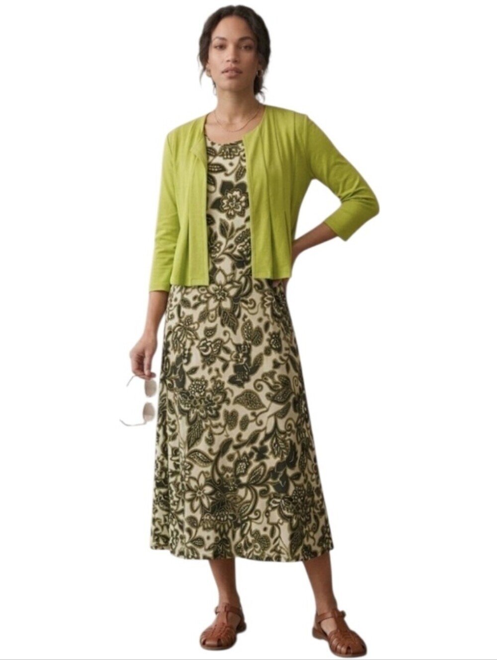Julian Taylor Olive Green and Cream Floral Maxi Dress With Dinner Jacket